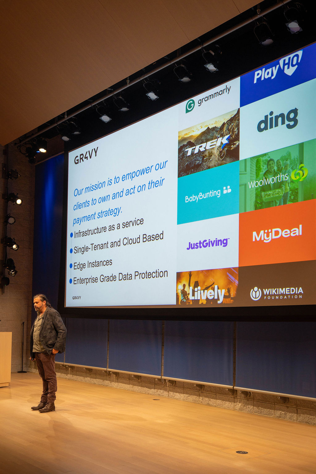 GR4VY founder presenting client logos